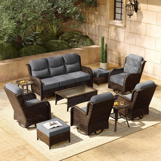HILLGA Luxury Patio Furniture Set with 6-inch Thick Cushion, Outdoor Couch and High Back Swivel Rocker Patio Chairs, 10PCS Wicker Conversation Set for Deck Yard and Poolside, Dark Grey (V2)
