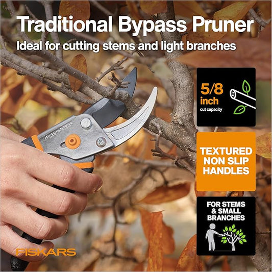 Fiskars House Plant Starter Tool Set with Set with Bypass Pruner, Trowel, Cultivator, and L/XL Garden Gloves for Indoor Gardening (4 Piece Kit)