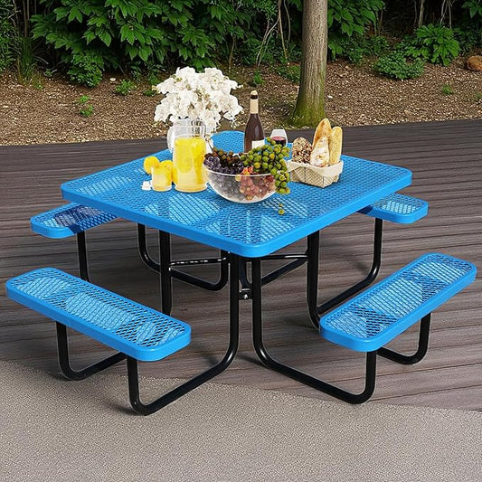 46" Square Picnic Table for Outside,Heavy Duty Metal Picnic Table Bench Set with 2in Umbrella Hole, 1600 lb Capacity,Commercial Dining Table Furniture for Garden Yard Patio Party Coffee Shop
