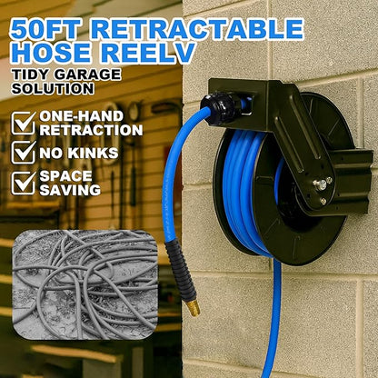 Heavy Duty Retractable Air Hose Reel, 3/8 IN x 50 FT Hybrid Air Hose, Max 300PSI Air Compressor Hose Reel with Auto Rewind, Ceiling/Wall Mount Single Arm Premium Steel Reel for Garage Workshop