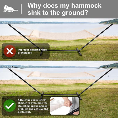 SUNCREAT Double Outdoor Hammock with Stand Included, Portable Cotton Rope 2 Person Hammock for Outdoor, Patio, Garden, Backyard, Beige