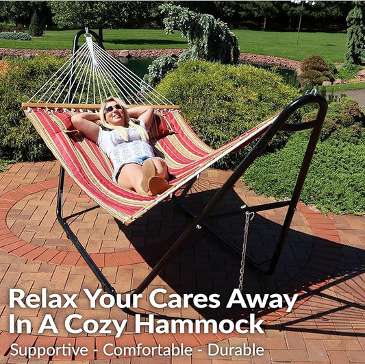 Sunnydaze Double Quilted Fabric Hammock with Universal Steel Stand - 450-Pound Capacity - Black Stand - Red Stripes
