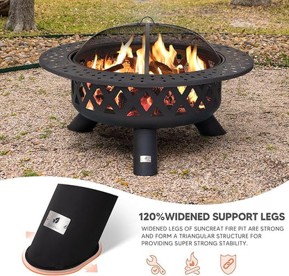 SUNCREAT 42" Large Outside Fire Pit, Round Fire Pit Wood Burning with Widened Tabletop, Spark Screen, Fire Poker, Phombus Pattern