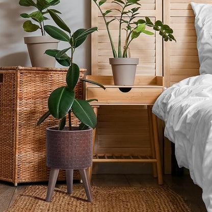 D'vine Dev 8 Inch Modern Geometric Tile Patterned Sleek Planter Pot with Stand, Indoor Outdoor Decorative Plant Holder, Espresso, 88-Z-A-6