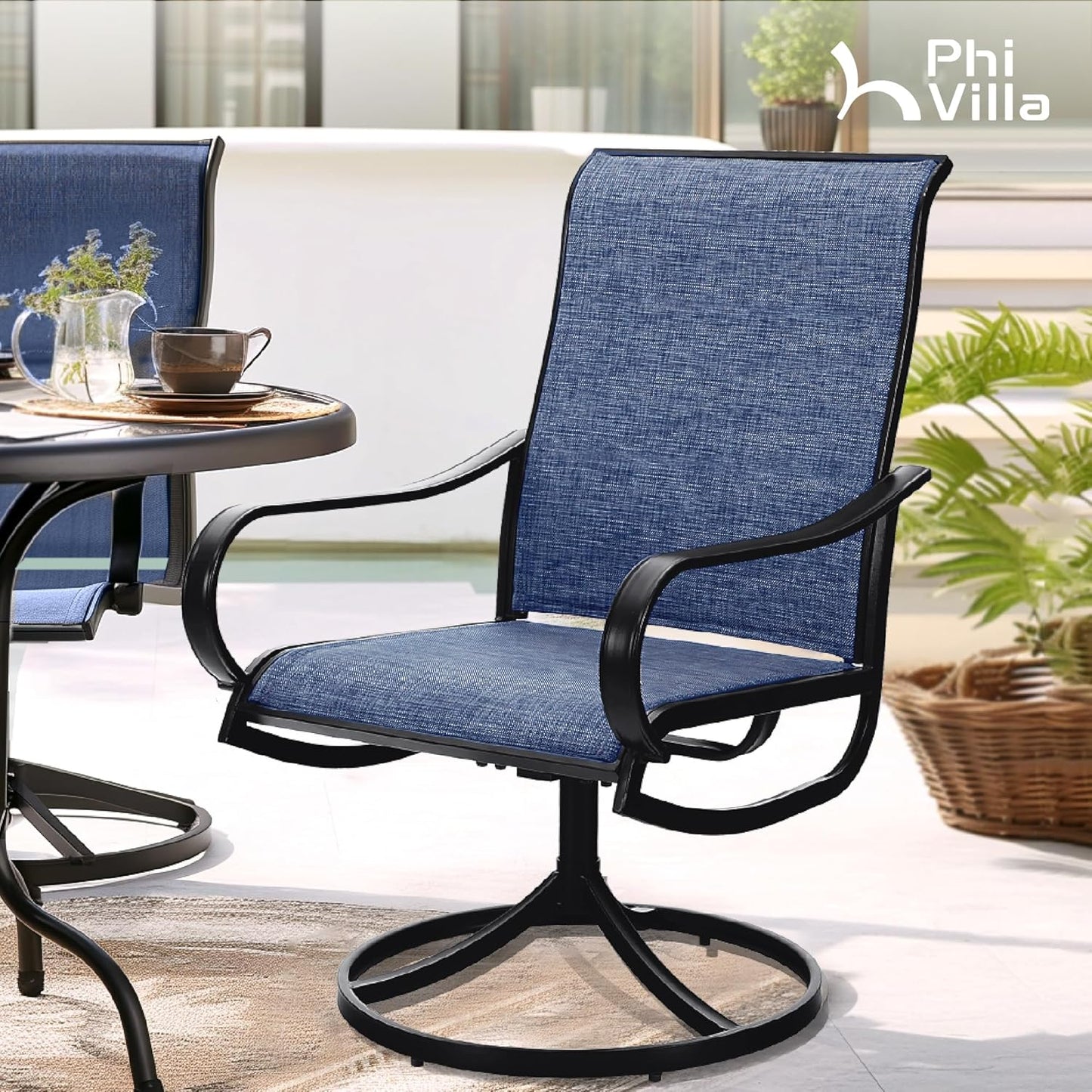 PHI VILLA Patio Swivel Dining Chairs Set of 4, All Weather Outdoor Chair with Textilene Mesh Fabric & Black Metal Frame for Outdoor Lawn Garden Poolside (Blue)