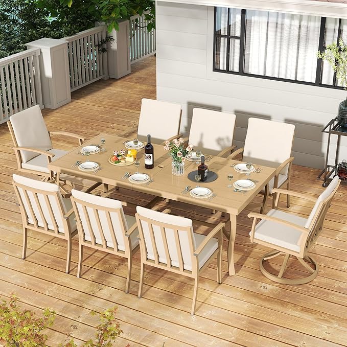 HAPPATIO Aluminum 9 Piece Patio Dining Sets, Outdoor Dining Set for 8, Patio Furniture Sets, 2 Swivel Dining Chairs, 6 Dining Chairs, Aluminum Furniture Set for Patio, Yard (Beige)