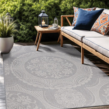 Medallion Outdoor Rug 6x9 Washable Outside Carpet for Indoor Patio Porch Waterproof Easy Cleaning Non Shedding Area Rugs Gray 6 x 9