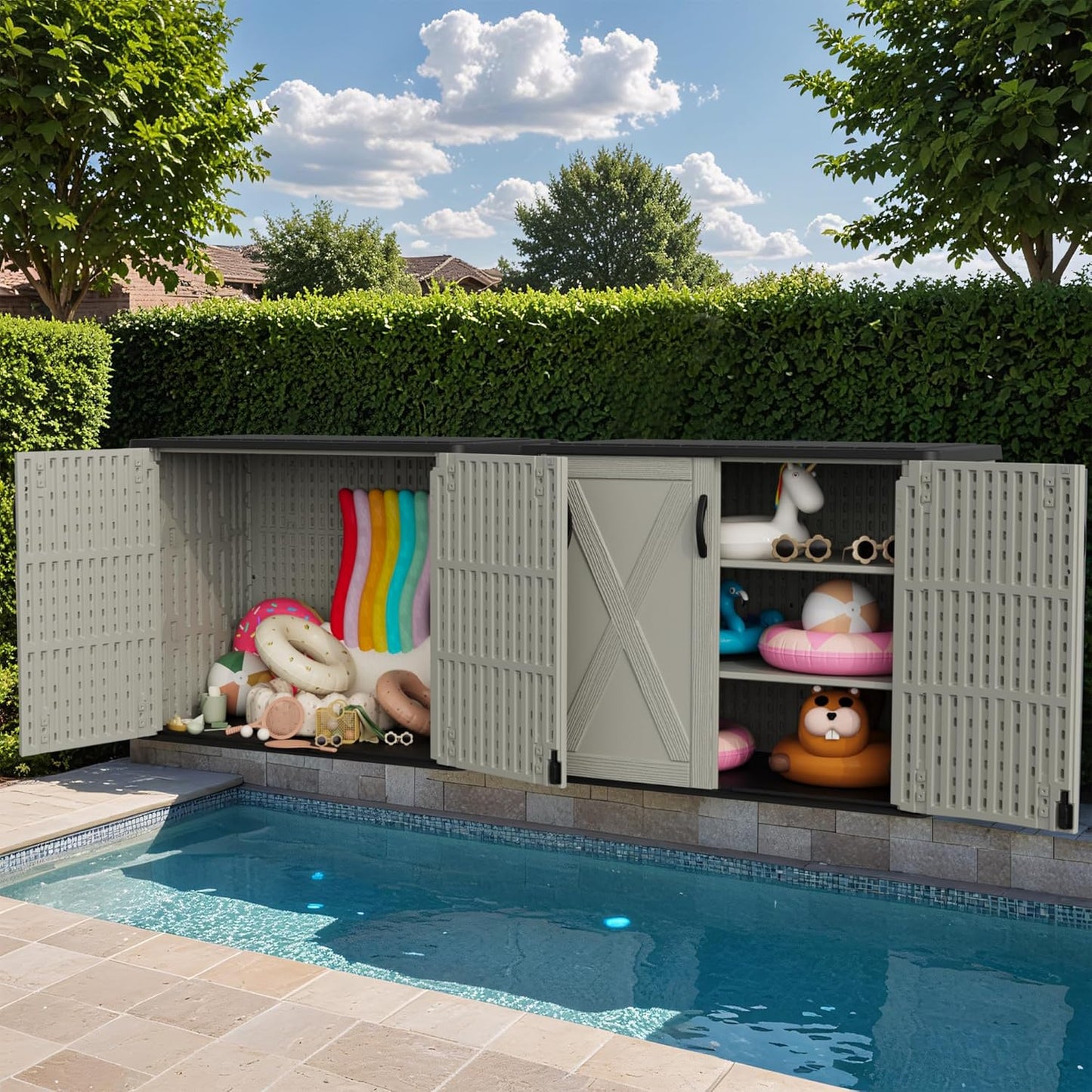 Greesum Outdoor Storage Cabinet, 25 Cu.Ft Deck Box Without Shelves, Waterproof Plastic Storage Bin for Patio Cushions, Gardening Tools, Lockable and Sidehandles, UV Resistant, Beige