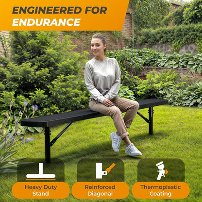 Heavy-Duty Outdoor Metal Bench, Thermoplastic-Coated, Inground, Weatherproof, Commercial-Grade for Parks, Gardens, Patios, Stores & More (8 Ft - Inground, Black)