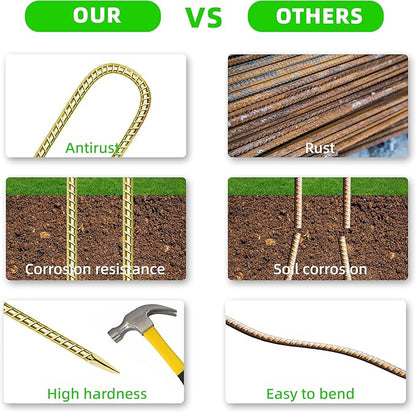 22 Pack 12 Inch Rebar Stakes Anti-Rust Galvanized Steel U Shape Hook Strong Ground Anchors for Tents, Position Kits, Fences, Trampolines Landscape Fabric for Farm Garden
