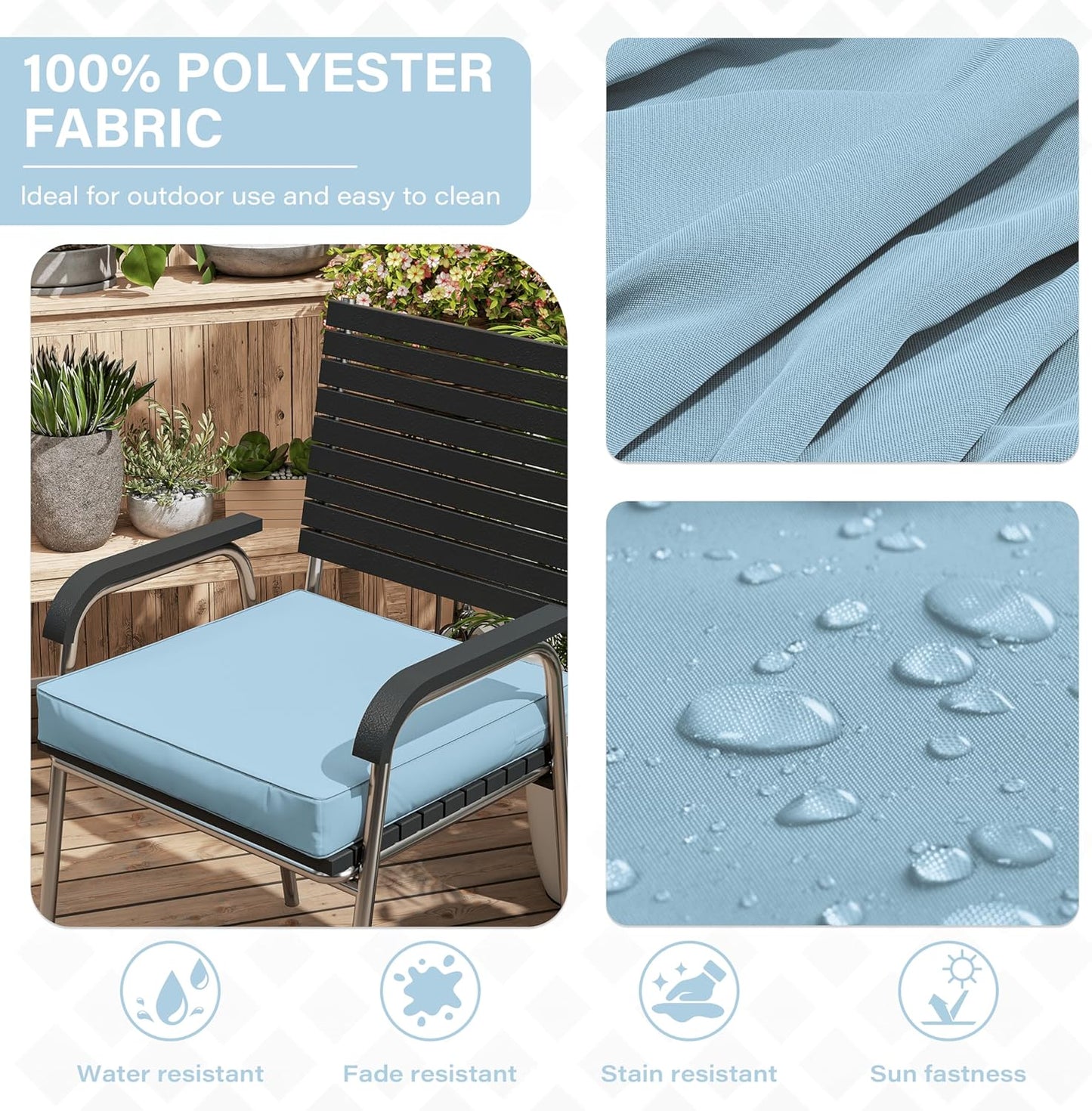 Patio Chair Cushions 17 X 16 X 3 Inch Waterproof Outdoor Seat Cushions for Patio Furniture, Outdoor Sofa Couch Pads with Ties & Handle, Set of 2, Light Blue