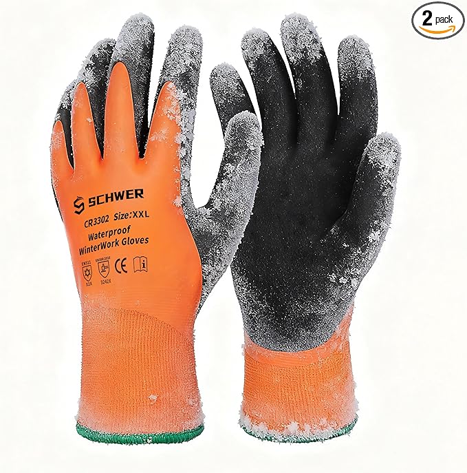 Schwer 2 Pairs Waterproof Winter Work Gloves, ANSI A2 Cut Resistant Freezer Gloves for Outdoor Cold Weather Keep Hands Warm, Thermal Insulated Gloves for Shoveling Snow, Ice Fishing, Super Grip, XXL