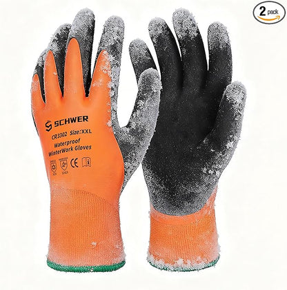 Schwer 2 Pairs Waterproof Winter Work Gloves, ANSI A2 Cut Resistant Freezer Gloves for Outdoor Cold Weather Keep Hands Warm, Thermal Insulated Gloves for Shoveling Snow, Ice Fishing, Super Grip, XXL