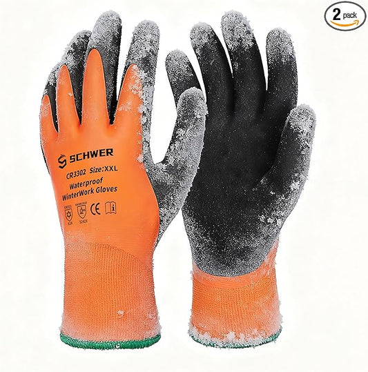 Schwer 2 Pairs Waterproof Winter Work Gloves, ANSI A2 Cut Resistant Freezer Gloves for Outdoor Cold Weather Keep Hands Warm, Thermal Insulated Gloves for Shoveling Snow, Ice Fishing, Super Grip, XXL