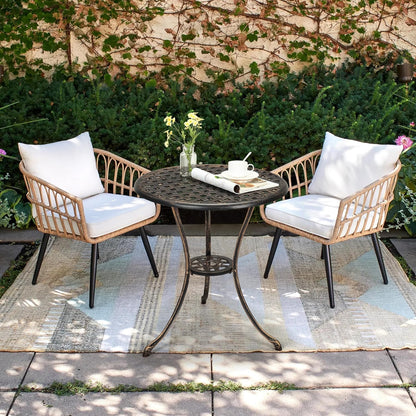 24" Outdoor Round Patio Bistro Table, Cast Aluminum Outdoor Cafe Table with 2 inch Umbrella Hole for Porch,Backyard,Garden, (Classic Square Pattern, Brown)