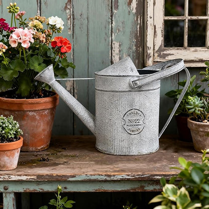 Vintage Galvanized Metal Watering Can - Rustic Farmhouse Design Watering Pot, Garden Decorative Planter for Home Patio Outdoor Wedding Party Decor