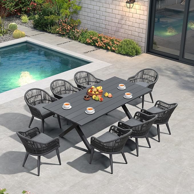 PURPLE LEAF 9 Pieces Patio Dining Set with Outdoor Aluminium Dining Table and Woven Rattan Chairs Modern Metal Furniture Cushions Sets for Garden Yard Indoor Decor Kitchen Gray