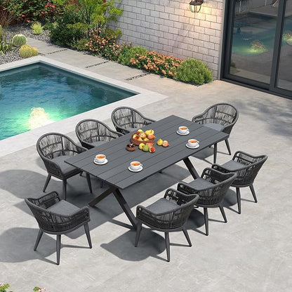 PURPLE LEAF 9 Pieces Patio Dining Set with Outdoor Aluminium Dining Table and Woven Rattan Chairs Modern Metal Furniture Cushions Sets for Garden Yard Indoor Decor Kitchen Gray