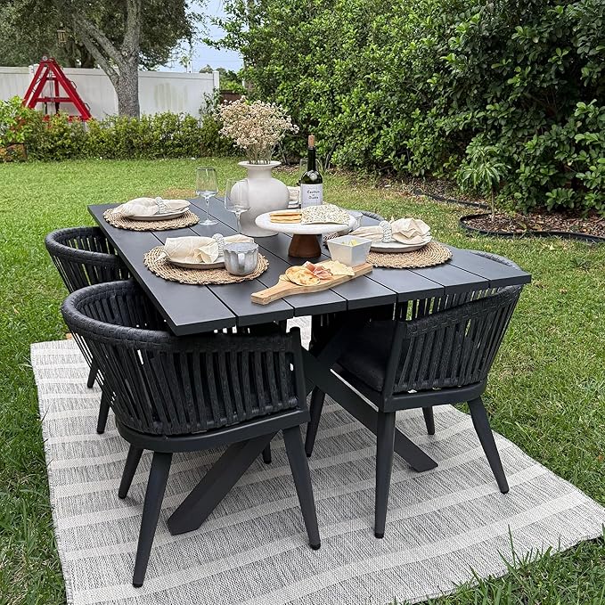 PURPLE LEAF 5 Pieces Outdoor Dining Set with Patio Aluminium Dining Table and Wicker Chairs Modern Furniture Cushions Sets for Backyard Indoor Decor Kitchen Gray