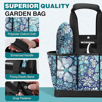 WORKPRO 5PCS Garden Tool Set, Aluminum Heavy Duty Gardening Tool Set with Garden Tool Bag, Outdoor Garden Hand Tools, Floral Blue