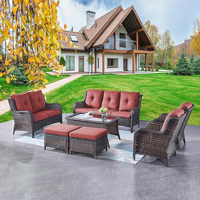 Outdoor Patio Furniture Sofa Set - 7 Piece Rattan Wicker Patio Sectional Conversation Sets with 1 Sofa,1 Loveseat,1 Coffee Table,2 Armrest Chairs and 2 Ottomans for Porch Deck Garden(Brown/Red)