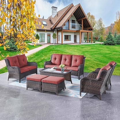 Outdoor Patio Furniture Sofa Set - 7 Piece Rattan Wicker Patio Sectional Conversation Sets with 1 Sofa,1 Loveseat,1 Coffee Table,2 Armrest Chairs and 2 Ottomans for Porch Deck Garden(Brown/Red)