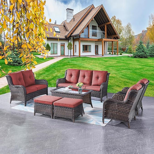 Outdoor Patio Furniture Sofa Set - 7 Piece Rattan Wicker Patio Sectional Conversation Sets with 1 Sofa,1 Loveseat,1 Coffee Table,2 Armrest Chairs and 2 Ottomans for Porch Deck Garden(Brown/Red)