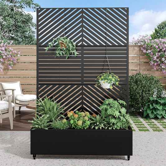 Casaphoria Metal Raised Garden Bed with Trellis and Wheels, 72"x47"x16" Planter Box for Climbing Plants, Vegetables & Vines, Features Drainage Holes and Privacy Screen, Black(Parallel&Louvered)
