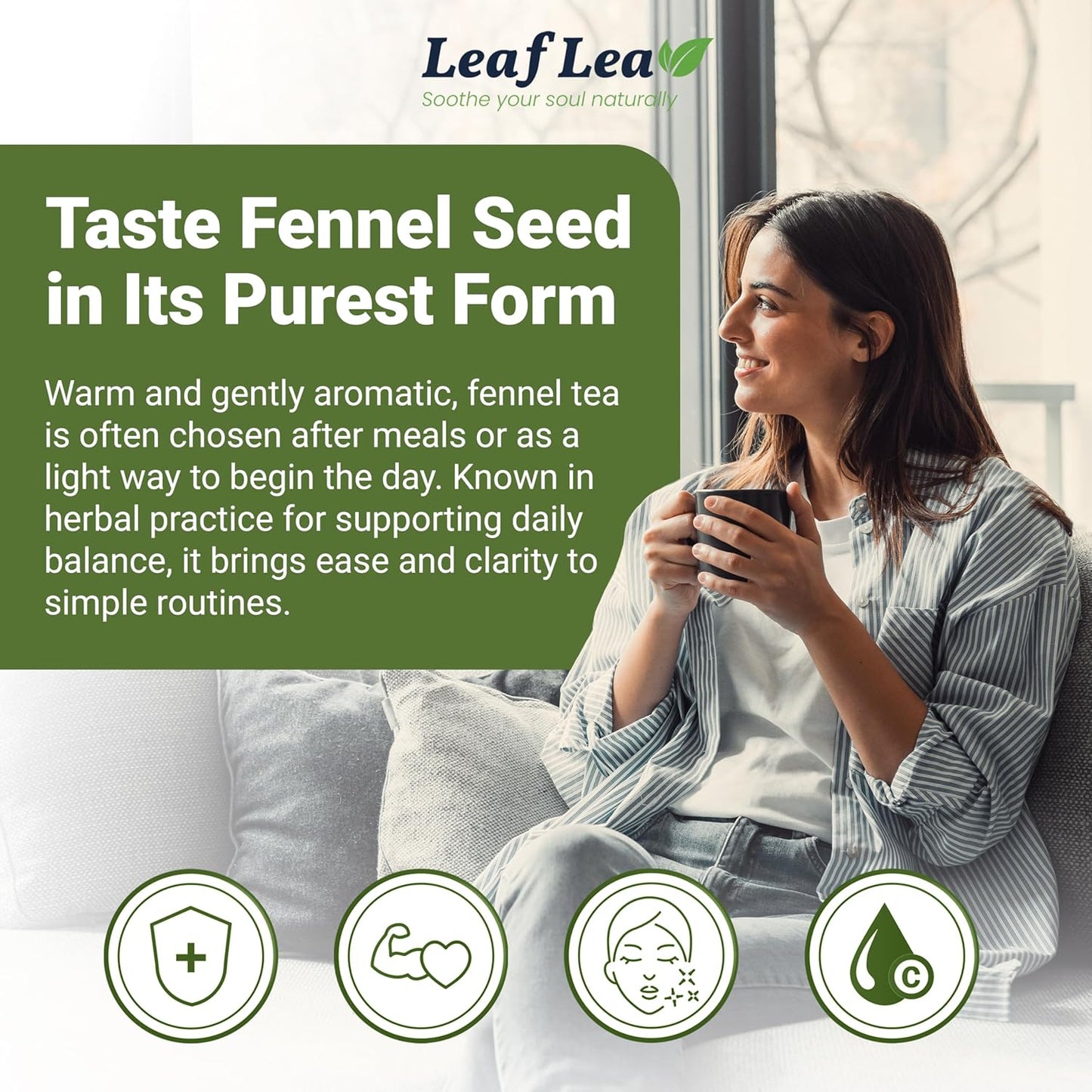 LeafLea 40 Fennel Tea Bags, 100% Natural & Pure Fennel Seed Tea, Gentle Digestion & Fresh Breath, Mild Sweet Finish, Caffeine-Free, Sugar-Free, Vegan, Non-GMO, Individually Wrapped