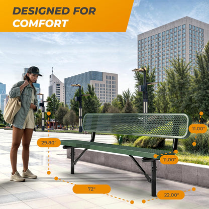 Heavy-Duty Outdoor Metal Bench, Thermoplastic-Coated, Inground, Weatherproof, Commercial-Grade for Parks, Gardens, Patios, Stores & More (6 Ft - Inground with Back, Green)