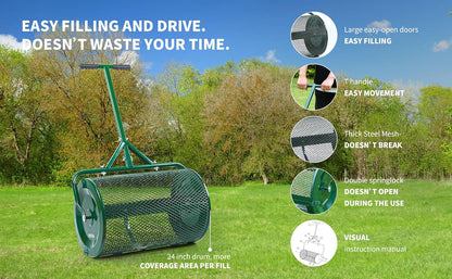 Compost Spreader- 24 inch Peat Moss Roller With improved T shape handle-Lawn & Garden Spreader For Top Dressing Compost, Fertilizer, Mulch And Soil- Strong and Lightweight material for basket