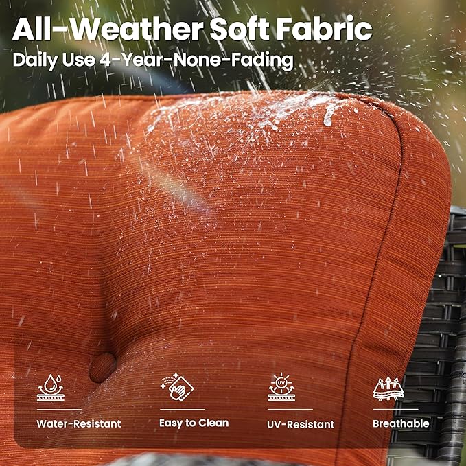 ovios 3 Pieces Patio Furniture Set, Outdoor Rocking Chairs of 2, Wicker Swivel Glider Chairs with Side Table Thick Cushions, All Weather Rattan Bistro Set for Porch, Orange Red