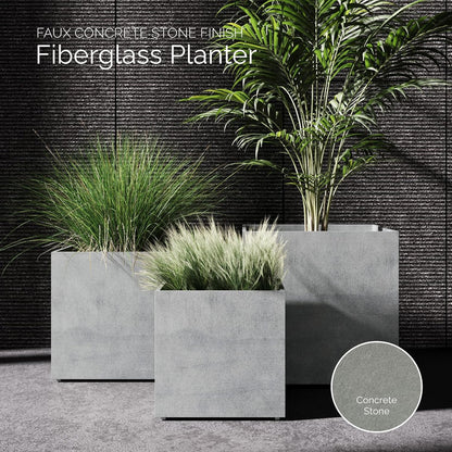 Reglito Cube Planter – Fiberglass Indoor/Outdoor and Weather-Resistant Large Planter (Concrete Stone, 23.6" L x 23.6" W x 24.2" H)