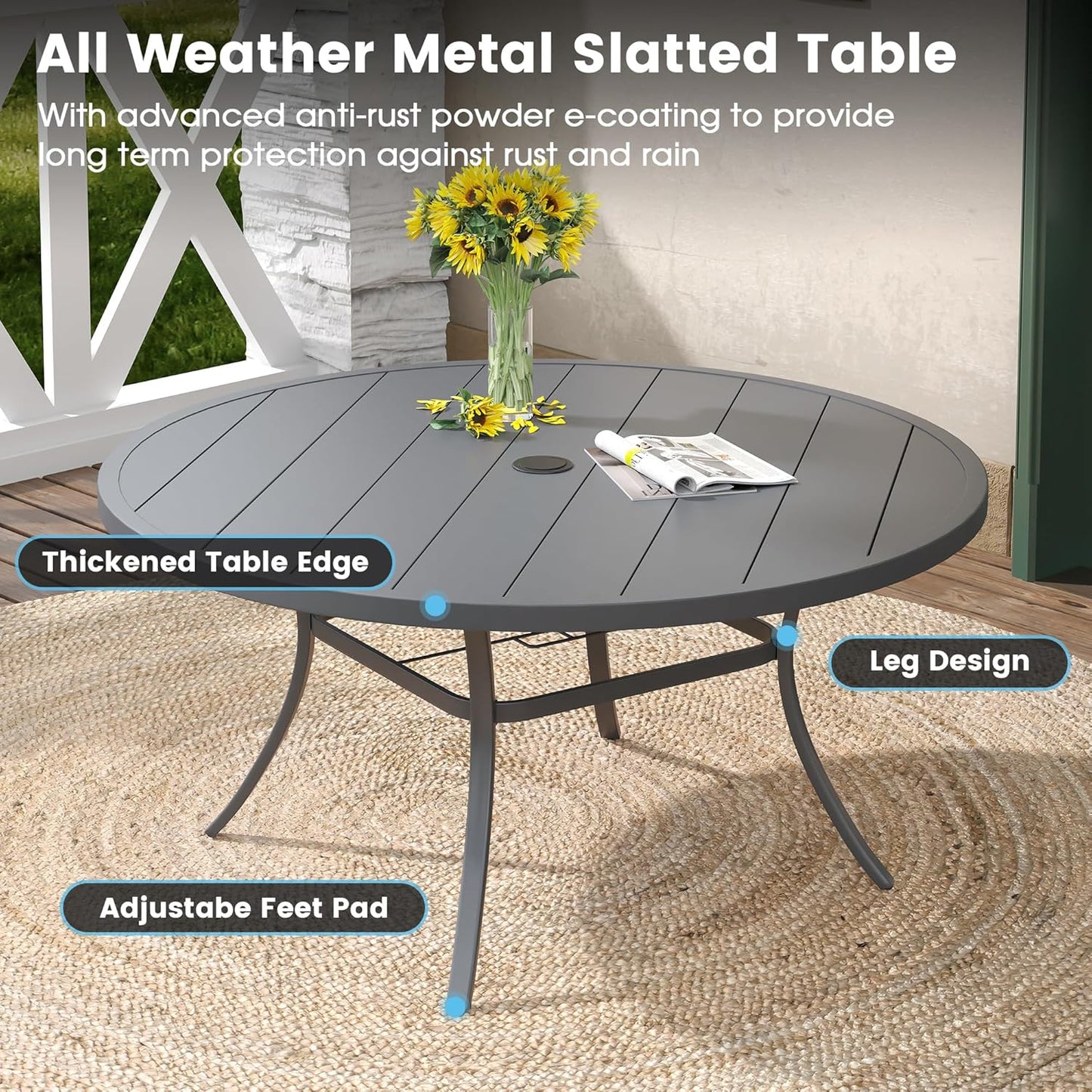 DIFY 50" Round Outdoor Patio Dining Table for 6, Metal Patio Table with 1.57" Adjustable Umbrella Hole, All-Weather Dining Furniture Table for Backyard Lawn Garden, Grey
