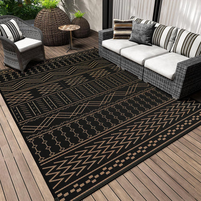 Outdoor Rug Carpet Waterproof 8x10 ft Patio Rug Mat Indoor Outdoor Area Rug for RV Camping Picnic Reversible Lightweight Plastic Straw Outside Rug for Patio Decor Decoration Boho Rug Black Brown