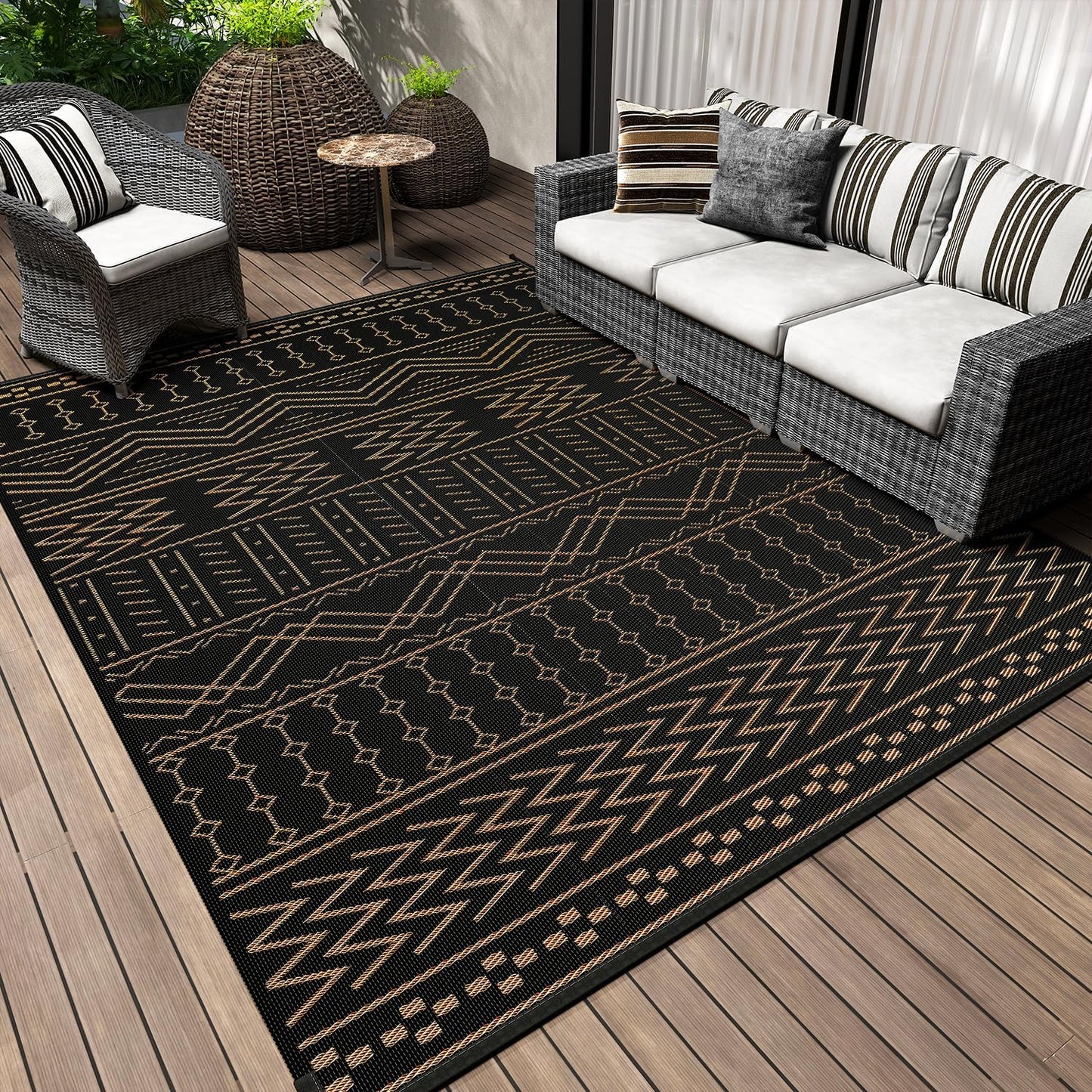 Outdoor Rug Carpet Waterproof 6x9 ft Patio Rug Mat Indoor Outdoor Area Rug for RV Camping Picnic Reversible Lightweight Plastic Straw Outside Rug for Patio Decor Decoration Boho Rug Black Brown