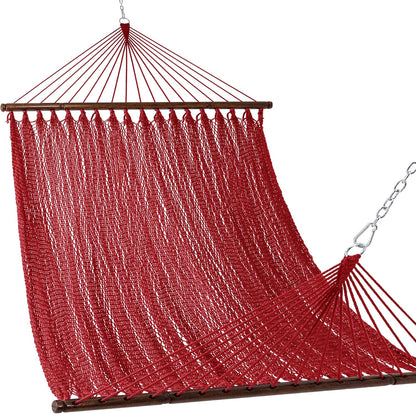Lazy Daze Hammocks 10.5 FT Double 2 Person Caribbean Rope Hammock, Hand Woven Polyester Hammock with Spreader Bars, for Outside Outdoor Backyard Patio Poolside,450 LBS Capacity,Red