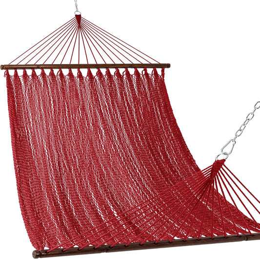 Lazy Daze Hammocks 10.5 FT Double 2 Person Caribbean Rope Hammock, Hand Woven Polyester Hammock with Spreader Bars, for Outside Outdoor Backyard Patio Poolside,450 LBS Capacity,Red
