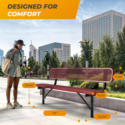 Heavy-Duty Outdoor Metal Bench, Thermoplastic-Coated, Inground, Weatherproof, Commercial-Grade for Parks, Gardens, Patios, Stores & More (6 Ft - Inground with Back, Red)