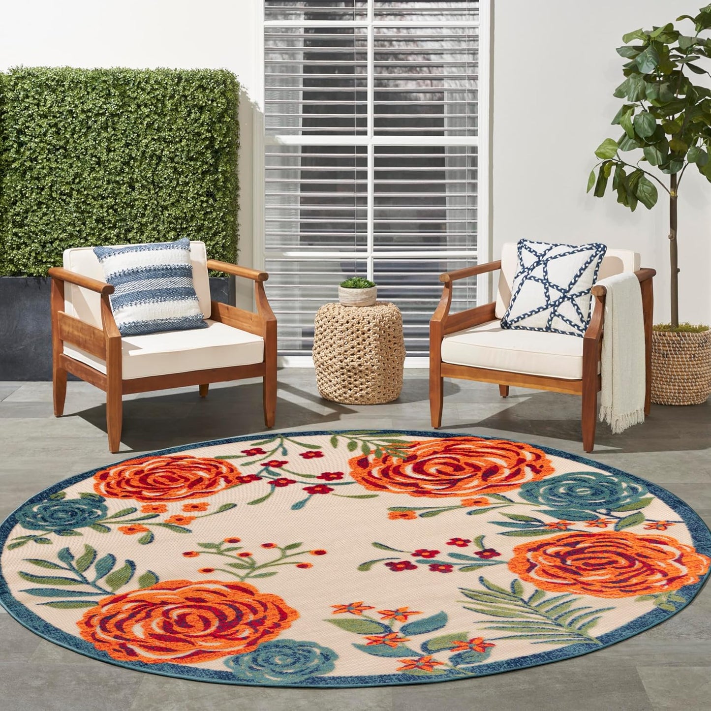 Nourison Home Aloha Indoor/Outdoor Ivory Multicolor 7'10" x Round Area Rug, Easy-Cleaning, Non Shedding, Bed Room, Living Room, Dining Room, Backyard, Deck, Patio (8 Round)