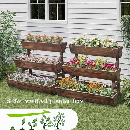 3-Tiers Wooden Raised Garden Bed Tiered Planter Box Vertical Garden Planter Wood Plant Stand for Patio, Balcony, Freestanding (Carbonized L)