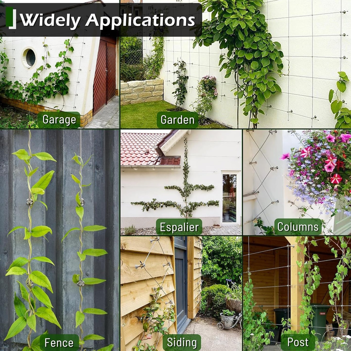 Wire Trellis for Climbing Plants Outdoor, 12-Set Wall Wire Trellis Kit with 5/64"(2mm) x 53ft Stainless Steel Cable, T316 Espalier System for Fence and Garden DIY Projects