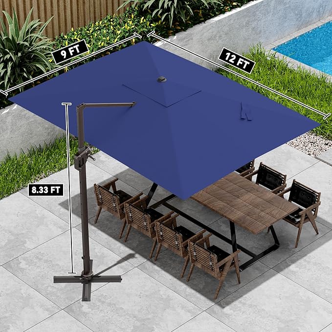 9' X 12' Cantilever Patio Umbrella 360°Rotation Rectangular Outdoor Large Offset Umbrellas Heavy Duty Windproof for Garden Deck Pool Backyard, Navy