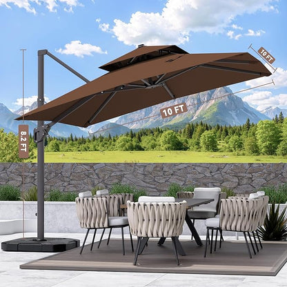 10' X 10' Cantilever Patio Umbrella Outdoor Heavy Duty Double Top Windproof Square Offset Umbrellas with 360-degree Rotation for Pool Deck Backyard, Brown