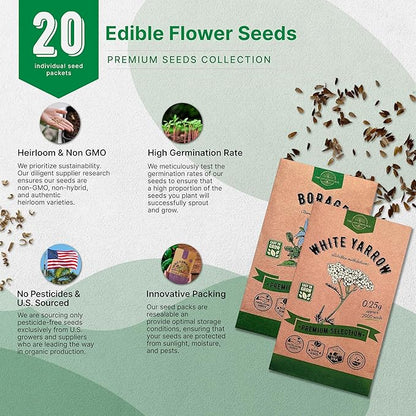 Organo Republic 20 Edible Flower Seeds Variety Pack- Indoor/Outdoor. 7000+ Non-GMO Heirloom: Borage, Bergamot, Nasturtium, Chives, Cape Daisy, Hyssop, Zinnia Seeds & More