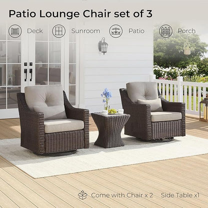 CHITA 3 Pieces Wicker Patio Bistro Set, Outdoor Furniture Set with 2 Pieces Rattan Rocking Swivel Chairs, Thickened Cushions and Side Table