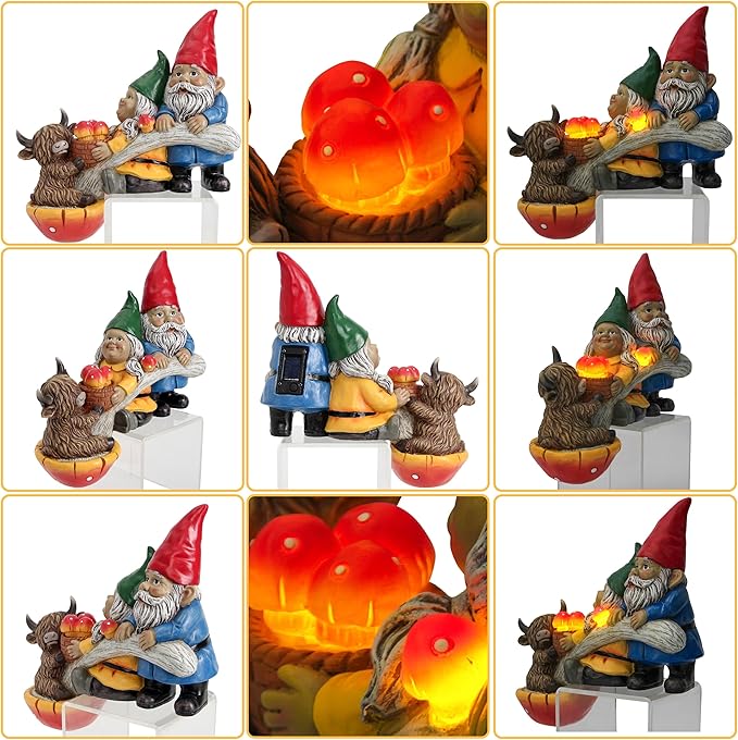 Garden Gnomes & Highland Cow with Mushroom Solar Light, Garden Gnomes Outdoor Statue Solar Yard Decorations for Patio Lawn Porch Accent (Couple Gnome Figurine)