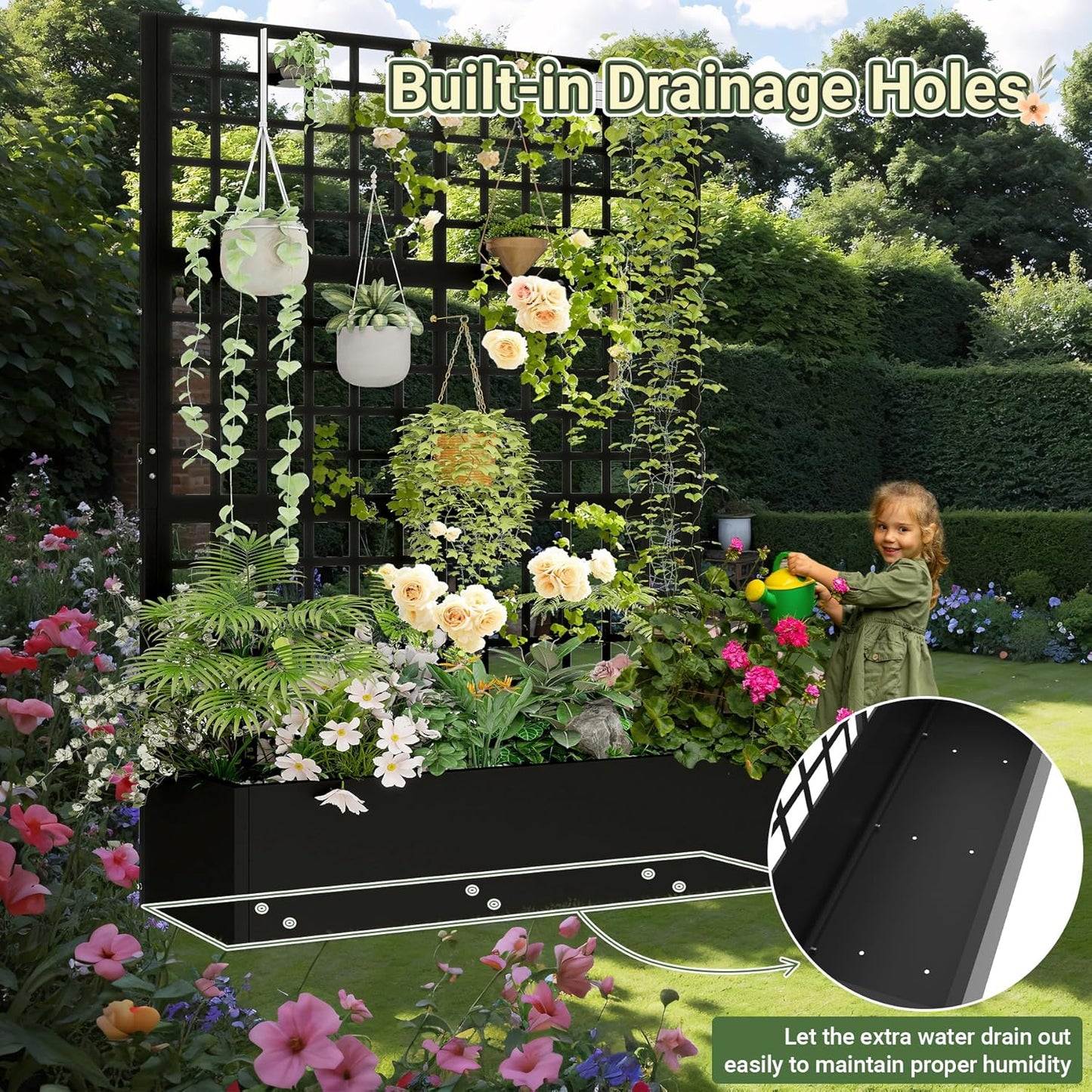 Metal Planter with Trellis 72" x 47’’ x 16", Raised Garden Bed with Trellis, Planter Box with with Privacy Screen for Climbing Plants, Flowers, Vegetables, Fruits