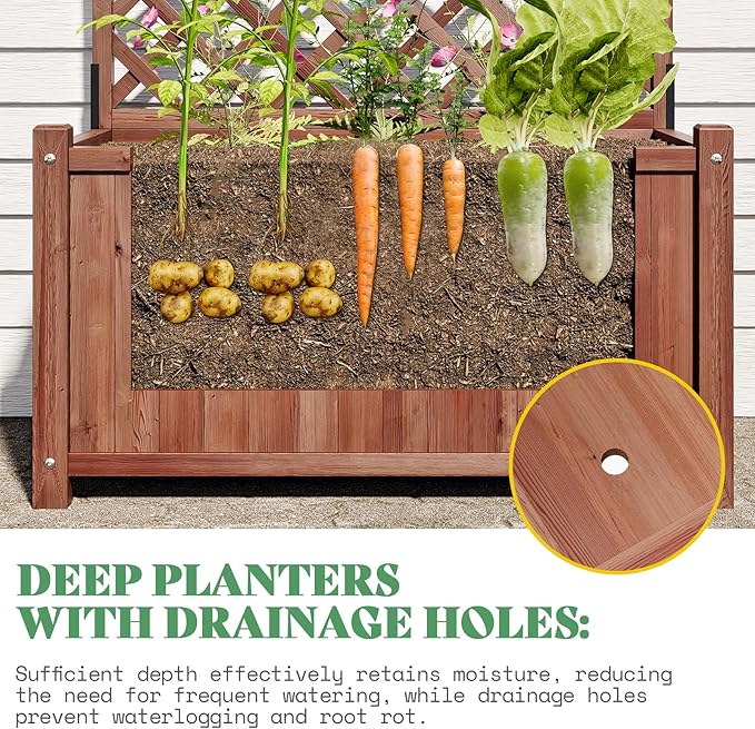 AMERLIFE Raised Garden Bed with Trellis for Vegetables, Climbing Plants, Durable Natural Wood Planter Box with Drainage Holes, Privacy Planter for Outdoor Yard & Patio, Easy Assembly