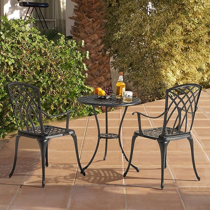 NUU GARDEN 3-Piece Patio Bistro Set, Cast Aluminum Table and 2 Chairs with Umbrella Hole, Outdoor Bistro Set for Patio or Backyard, Black